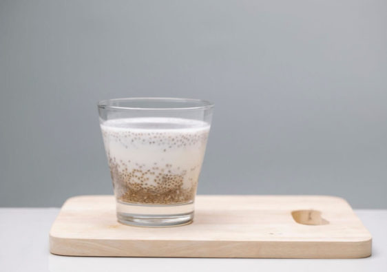 chia seeds in a glass of milk