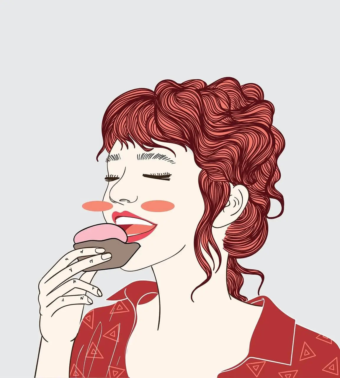 A woman enjoying a muffin with a joyful smile, capturing the feeling of indulgence and the challenges of weight loss—why is it so hard to lose weight?