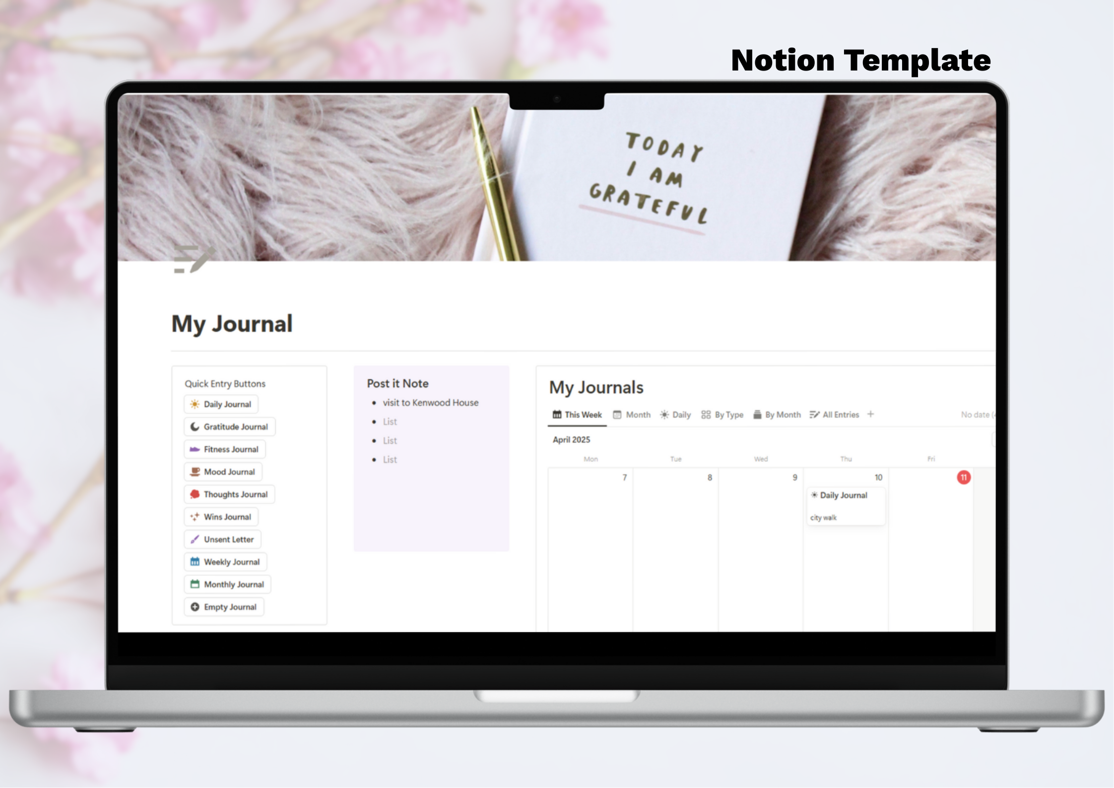 Notion journal template open on a laptop, showing a clean one-page layout with calendar, journal prompts, and post-it note section in a neutral workspace setting.
