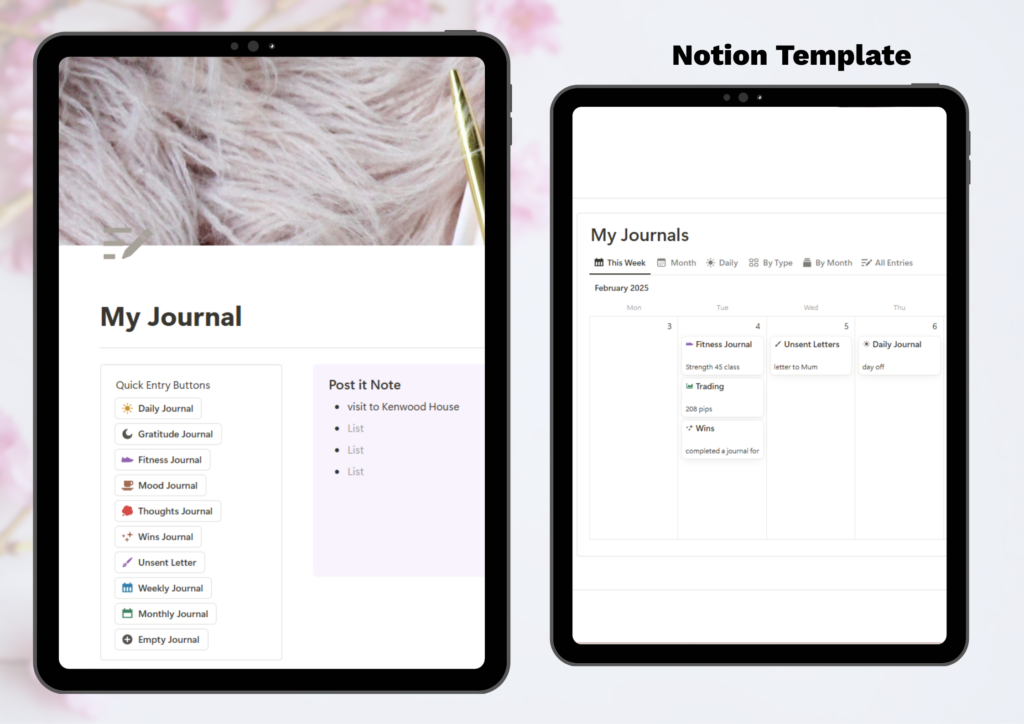 Two tablets displaying the Notion Journal Template, showcasing different journal types including Daily, Gratitude, Mood, and Fitness Journals, with quick-entry buttons for easy navigation and customizable options